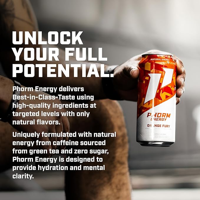 Phorm Energy Drink Orange Fury Flavor 200 MG Natural Caffeine From Green Tea Sugar Free Carbonated Drink With Electrolytes &amp Vitamin B12 Dairy &amp Gluten Free Vegan 16 FL Oz Cans 12 Pack