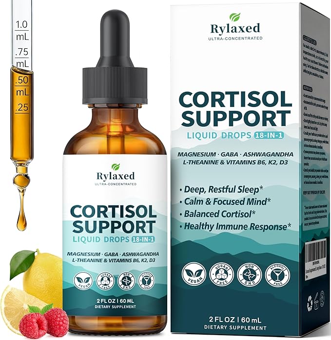 Cortisol Supplements for Women &amp Men 18 in 1 Stress &amp Mood Support Drops with Magnesium 480mg GABA Ashwagandha L-Theanine &amp Phosphatidylserine for Relaxation &amp Sleep Lemon Raspbe