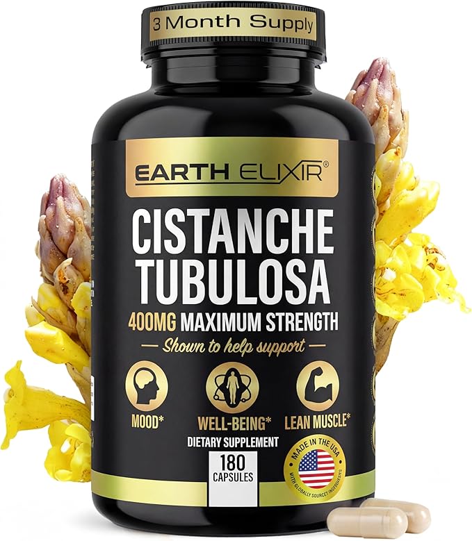 Earth Elixir Cistanche Supplement for Men &amp Women – Potent Cistanche Tubulosa Extract Capsules for Daily Vitality Strength &amp Performance Support – Made in USA 3rd Party Tested &amp 3 Month