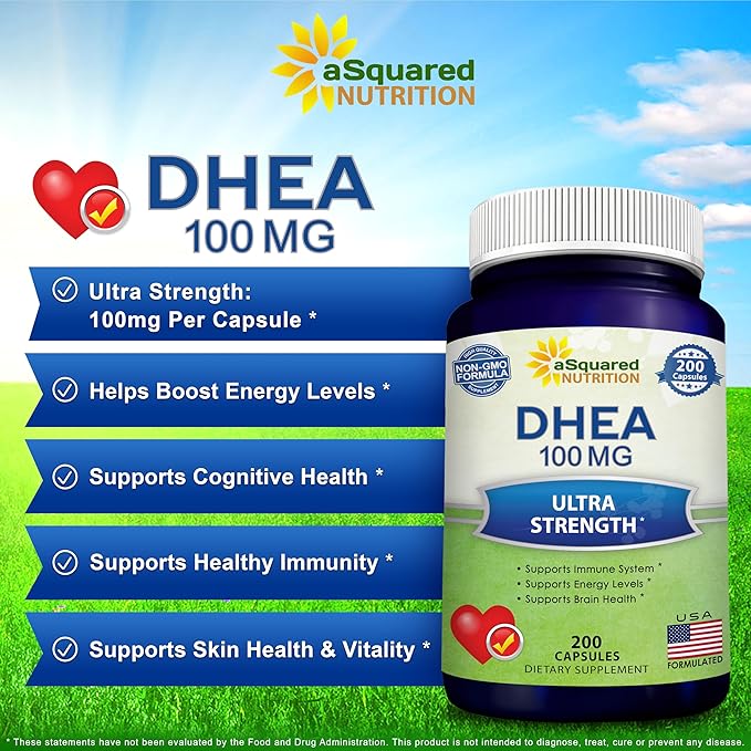 DHEA 100mg Supplement – 200 Capsules – High Potency Dehydroepiandrosterone for Men and Women – Max Strength Pills for Brain Health Energy and Immune Function – Formulated in USA Third-Party Tested
