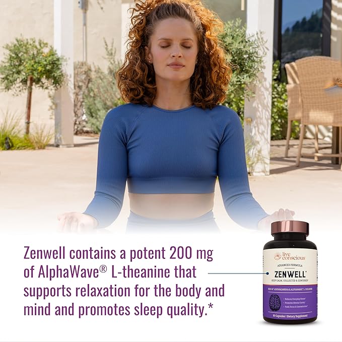 Live Conscious KSM-66 Ashwagandha Supplement w/L Theanine &amp AlphaWave - ZenWell Everyday Stress Relief Cognitive Brain Health - Ashwagandha for Men &amp Women - 60 Capsules