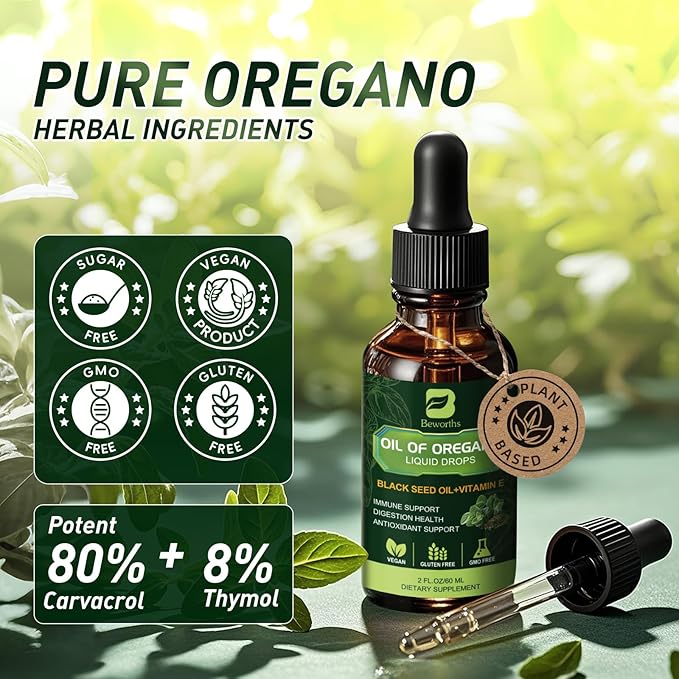 B BEWOTHS 2PACK Oregano Oil Drops Oil of Oregano with Black Seed Oil Vitamin E Carvacrol Oregano Liquid Herbal Blend for Immune Antioxidant Digestive Gut Cleanser Kidney Health Support - 4 Fl Oz