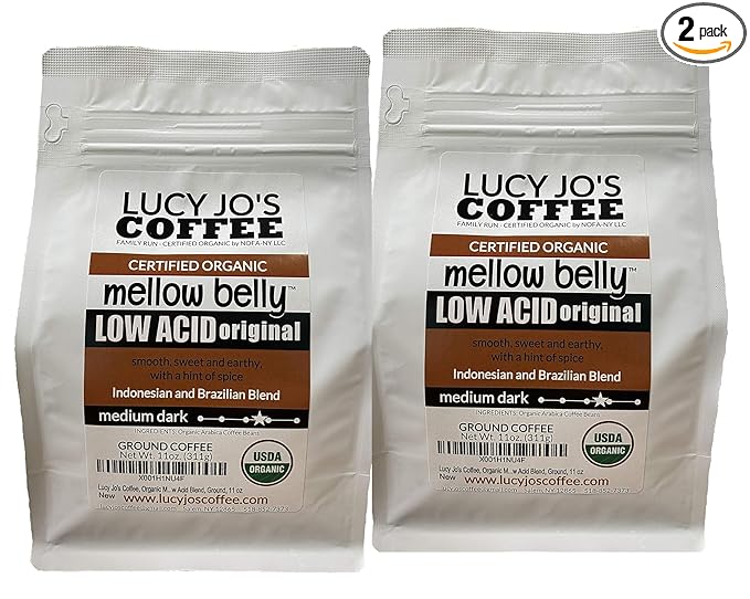 Lucy Jo's Coffee Roastery 2 Pack Organic Mellow Belly Low Acid Blend Medium Dark Ground 2 11OZ bags