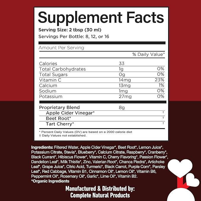 Complete Natural Products Uric Acid Complete - 8oz Liquid Supplement to Support Uric Acid Cleanse Kidney Health &amp Circulation with Apple Cider Vinegar Tart Cherry &amp Beet Root.