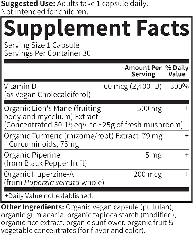 Garden of Life Brain Health Supplement with Organic Lion’s Mane &amp Turmeric Non-GMO Gluten-Free Mint Flavor - for Memory Focus &amp Healthy Brain Function
