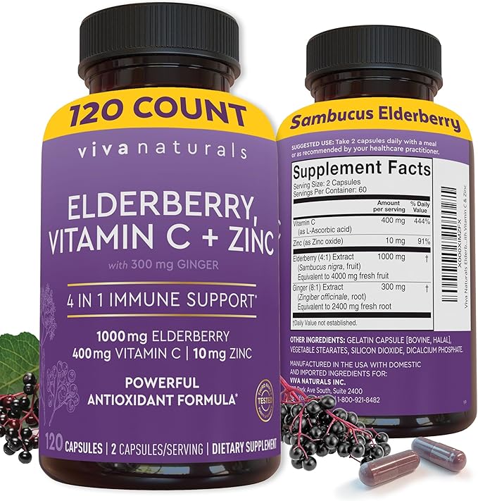 Viva Naturals Elderberry with Vitamin C and Zinc (120 Capsules) - 1000mg Sambucus Elderberry Immune Support Supplement Black Elderberry Capsules for Adults Elderberry Vitamins - 2 Months Supply