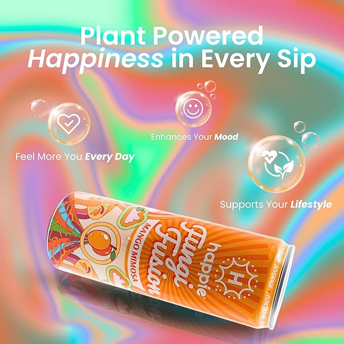 Happie Fungi Fusion Mango – Sparkling Adaptogen Drink with Lion’s Mane Cordyceps &amp Red Reishi – Plant-Based Nootropic 40 Calorie Zero Sugar Added Vegan Functional Soda Alternative (12 pack)