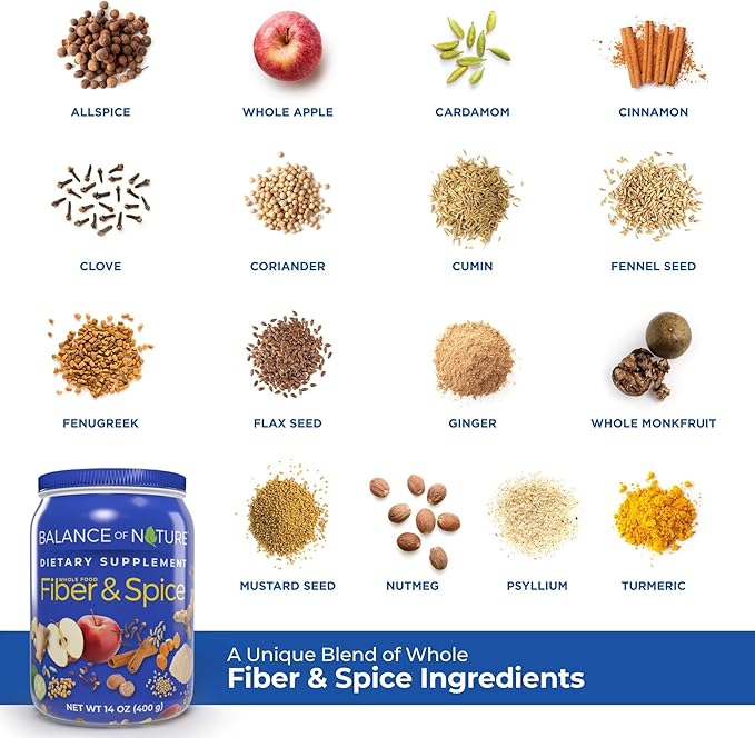 Balance of Nature Fiber &amp Spice - Psyllium Husk Flax Seed Turmeric &amp Apple - 30 Servings