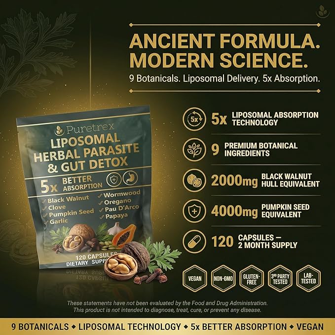 Liposomal Herbal Parasite &amp Gut Detox 120 Capsules 5X Better Absorption with Black Walnut Wormwood Clove Pumpkin Seed Garlic Oregano PAU D'Arco Papaya