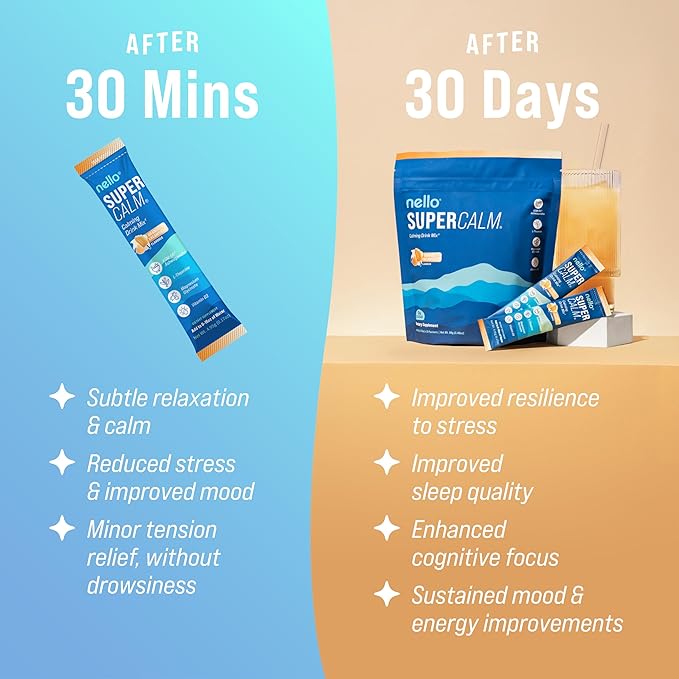 Nello Supercalm Powdered Drink Mix Cortisol Reducer* and Sleep Aid Supplement L Theanine Ksm-66 Ashwagandha Magnesium Glycinate Vitamin D 3 No Sugar Non GMO On The Go 20 Ct Orange Creamsicle