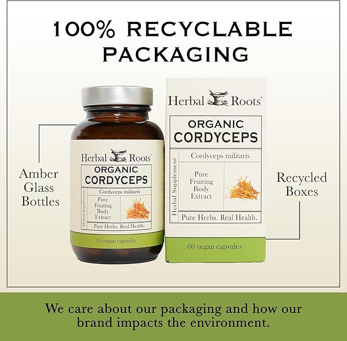 Herbal Roots Organic Cordyceps - Fruiting Body Extract Mushroom Capsules - Immune &amp Energy Support - 60 Vegan Capsules