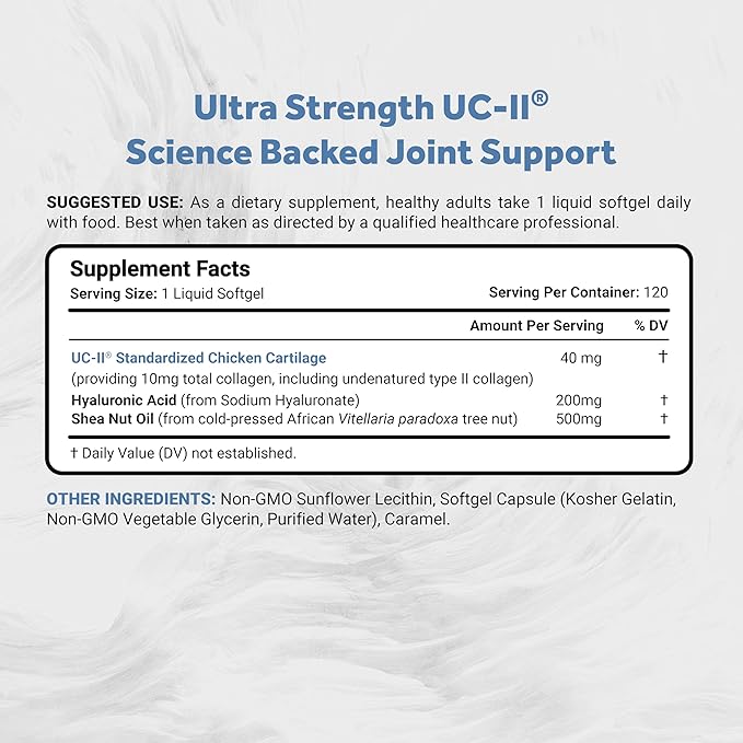 Naturalis UC-II 40 mg with Hyaluronic Acid and Shea Nut Oil | Enhanced Undenatured Type II Collagen for Better Joint Health Mobility &amp Flexibility | Gluten-Free &amp Non-GMO | 120 Softgels