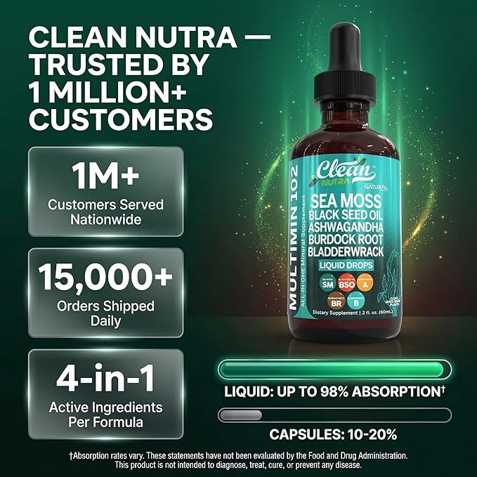 Clean Nutraceuticals Sea Moss Drops Supplement Liquid with Black Seed Oil Ashwagandha Burdock Root &amp Bladderwrack - Multimineral Organic Non-GMO Vegan for Gut Heath Skin Immune Support Hair (2 Pac