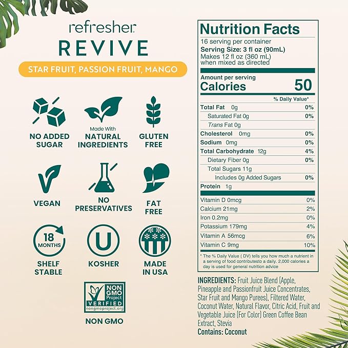 Smartfruit Revive Refresher – Star Fruit Passion Fruit Mango – Made with Real Fruit Juice No Added Sugar Coconut Water for Hydration Green Coffee Bean Extract for Natural Energy – 48oz Drink Mix