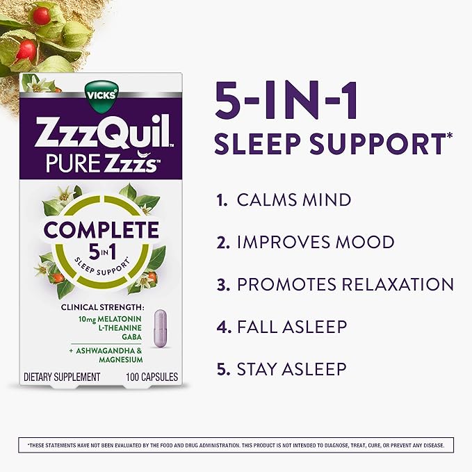 ZzzQuil Pure Zzzs Complete SleepMelatonin 10mgL-TheanineGABAwith Ashwagandhaand MagnesiumMelatonin Sleep Aid100 Count (Pack of 2)