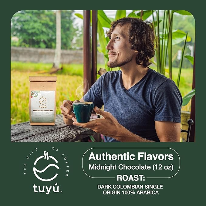 Tuyú Midnight Chocolate Dark Roast Whole Bean Coffee | 12 OZ Premium Colombian Coffee | Strong &amp Intense Dark Roast with Bittersweet Chocolate &amp Caramel Notes