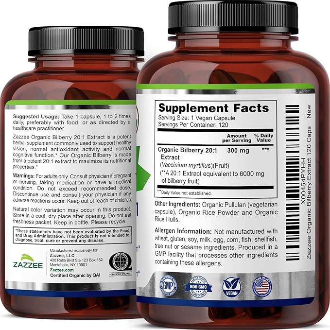 Zazzee USDA Organic Bilberry 20:1 Extract 120 Vegan Capsules 4 Month Supply Vaccinium Myrtillus Eye Health Vision &amp Antioxidant Support All-Natural Non-GMO Made in the USA