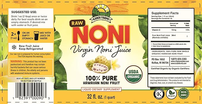 Virgin Noni Juice - RAW (Unpasteurized) 100% Pure Organic Hawaiian Noni Juice - 32oz Glass Bottle