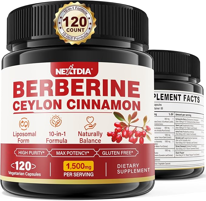 Berberine Supplement Organic 1500mg with Ceylon Cinnamon Bitter Melon Liposomal Berberine HCL Complex Supplements Immune &amp Digestive Support - Non-GMO Organic Vegan Berberine Capsules 120Cts