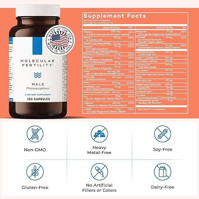 Male Preconception+ Fertility Supplements for Men - Reproductive Cell &amp Fertility Support - Conception for Him - CoQ10 Ashwagandha Shilajit DAA Zinc Selenium - 30 Day Supply
