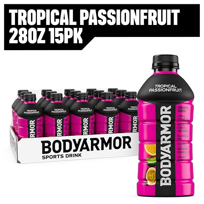 BODYARMOR Sports Drink Tropical Passionfruit Electrolyte Drink Hydration 28 Fl Oz Bottles (15 Pack) Flavored Coconut Water with B Vitamins &amp Antioxidants