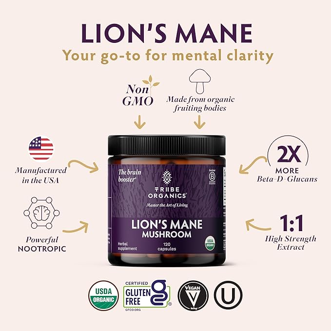 TRIBE ORGANICS Lion’s Mane Supplement 1000mg Mushroom Extract Powder - Immune System Booster &amp Brain Nootropic for Focus and Memory | Mental Clarity | Natural Energy and Immunity - 120 Vegan Capsu
