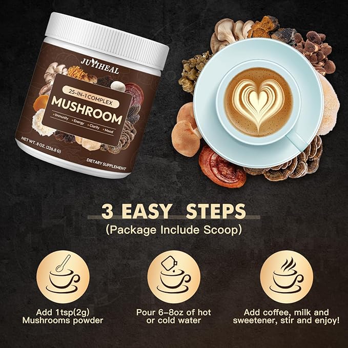 25-in-1 Mushroom Powder Mushroom Complex - Lions Mane Reishi Shiitake Chaga Turkey Tail Cordyceps Maitake &amp More Mushroom Supplement Powder for Energy Memory Focus &amp Immune Support 8