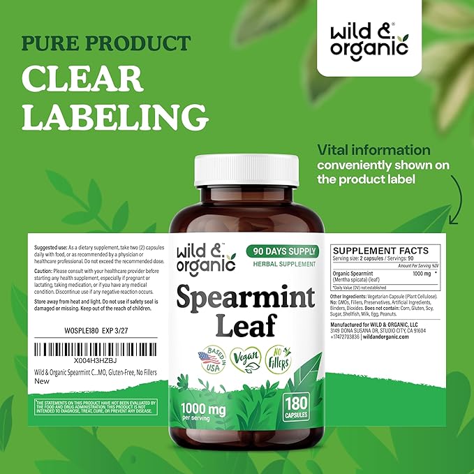 Wild &amp Organic Spearmint Capsules - 1000 mg Spearmint Leaves Supplement for Digestive Support - 90 Days of Supply - 180 Herbal Extract Capsules - Vegan Non-GMO Gluten-Free No Fillers