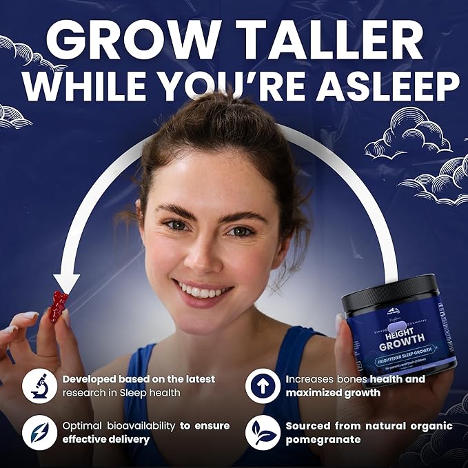 Heightener Height Growth Sleep Gummies - Vitamins to Grow Taller for True Height Potential Natural Height Booster Increase Supplement for Kids and Adults | Calcium &amp Melatonin Multivitamin - 60 G