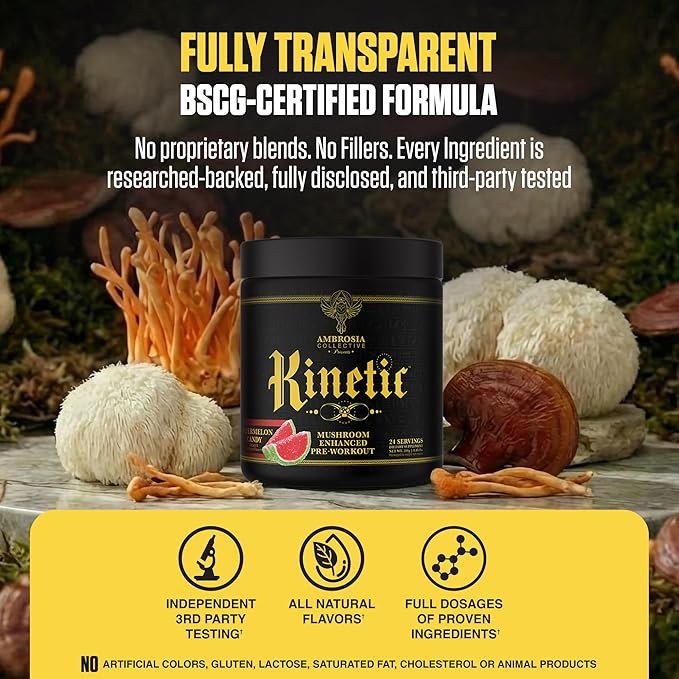 Ambrosia Kinetic - Organic Pre Workout Powder | Mushroom-Enhanced Natural Pre Workout | Nootropic Superfood Powder for Clean Energy Focus Recovery | 24 Servings | Watermelon Candy