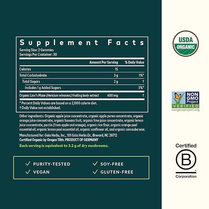 Gaia Herbs Lion's Mane Mushroom Gummies - Brain Support Supplement* - Made with Organic Lion's Mane Mushrooms - Free from Gluten Soy &amp Dairy - 60 Vegan Gummies (30 Servings)