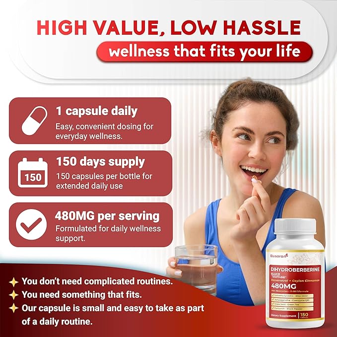 Dihydroberberine - Super Berberine - Patented GlucoVantage 810mg - 5X Absorption - with Resveratrol Cinnamon Grape Seed Extract- Support Metabolism Digestion