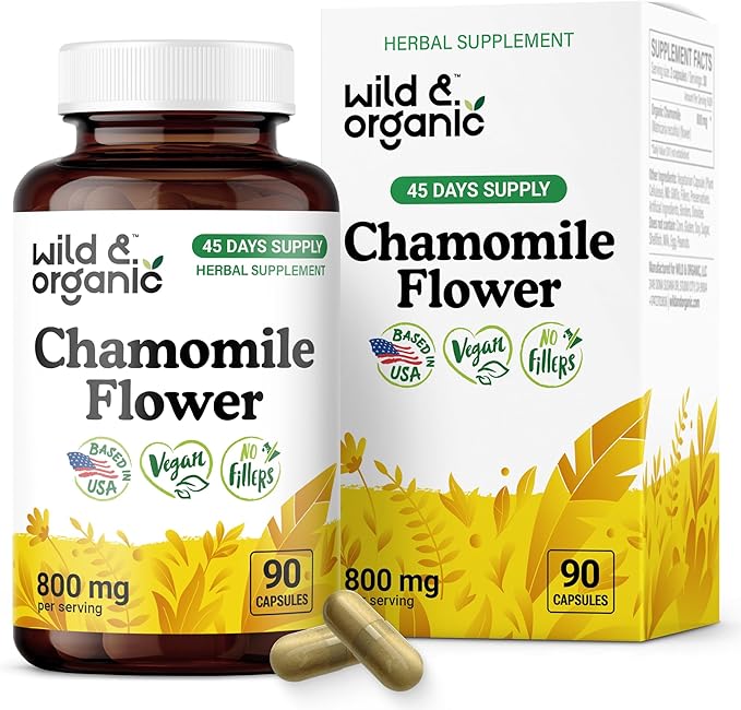 Wild &amp Organic Chamomile Capsules 800 mg - Relaxation &amp Digestive Support - Herb Chamomile Powder Supplement - Matricaria Recutita Flower - Vegan No Fillers Non-GMO - 90 Count