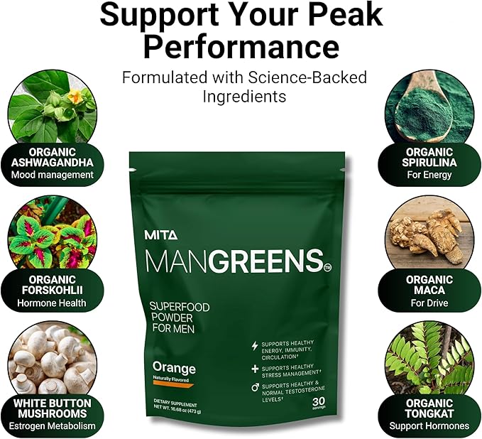 Man Greens Science Based Dosed Superfood Powder for Men with Tongkat Ali &amp KSM-66 Ashwagandha &amp More | Naturally Sweetened Greens &amp Adaptogen Supplement | Orange Flavor | 30 Servings