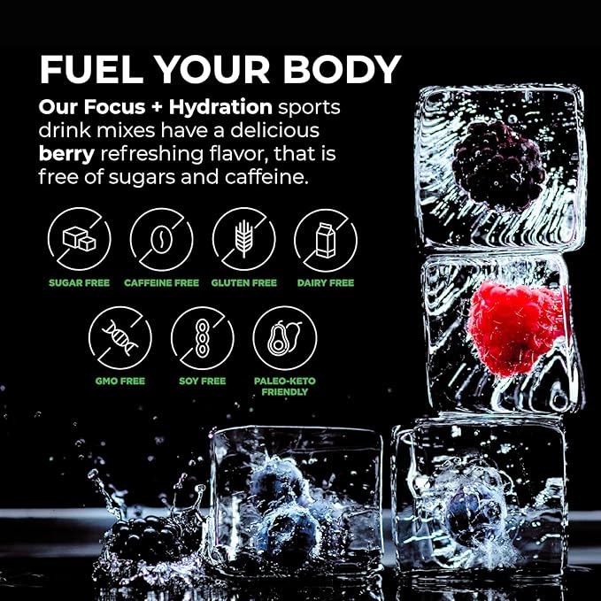 BrainTree Nutrition - Focus + Hydration - Electrolyte Drink Mix - Total Body Hydration - Supports Cognitive Function Energy &amp Muscle Recovery - Sugar Free - Berry - 30 Stick Packs