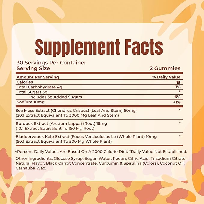 TrueSeaMoss Gummies 3000mg – Irish Sea Moss with Bladderwrack &amp Burdock Root – 3-in-1 Formula – Fruity Flavor – 60 Gummies