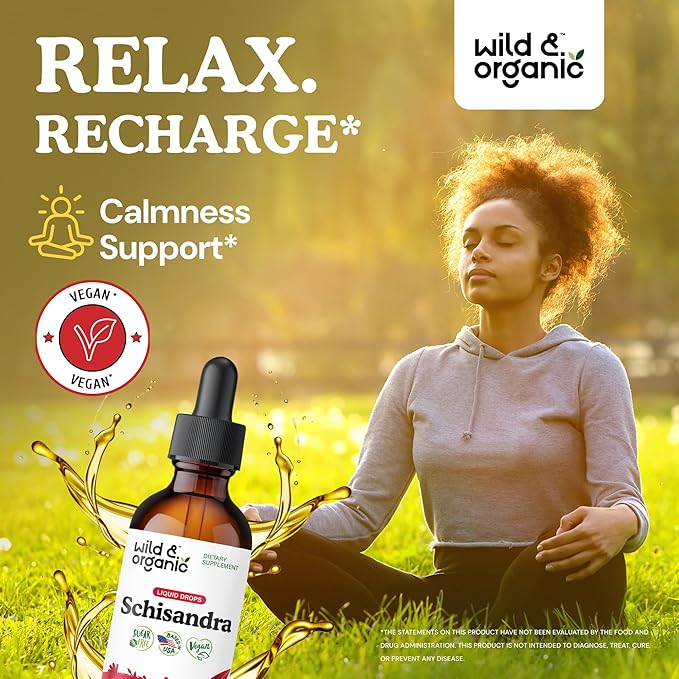 Wild &amp Organic Schisandra Berry Extract Drops 500 mg - Relaxing Schisandra Supplement - Liquid Chinensis Tincture - Vegan Sugar &amp Alcohol-Free - 2 fl oz