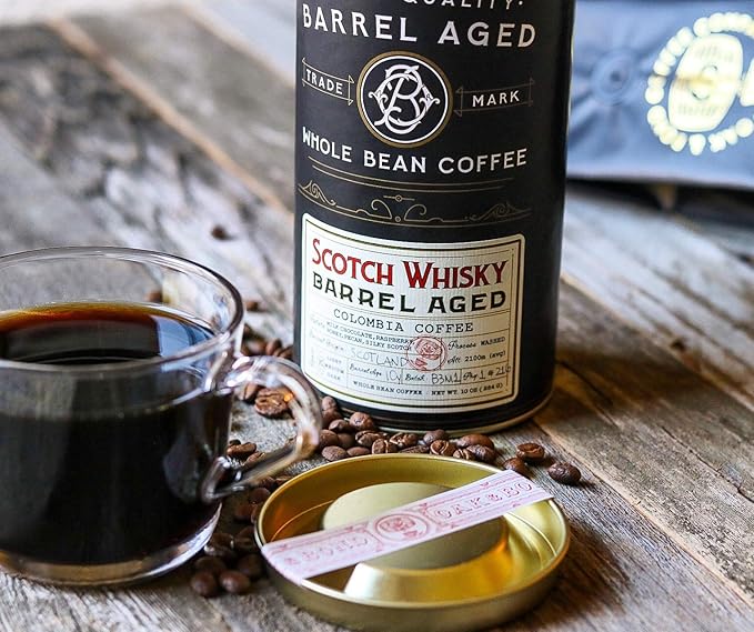 Scotch Whisky Barrel Aged Coffee Colombia Single Origin Washed Whole Coffee Bean Medium Roast w/Flavor Notes of Milk Chocolate Raspberry Honey Silky Scotch by Oak &amp Bond Coffee Co. – 10oz.