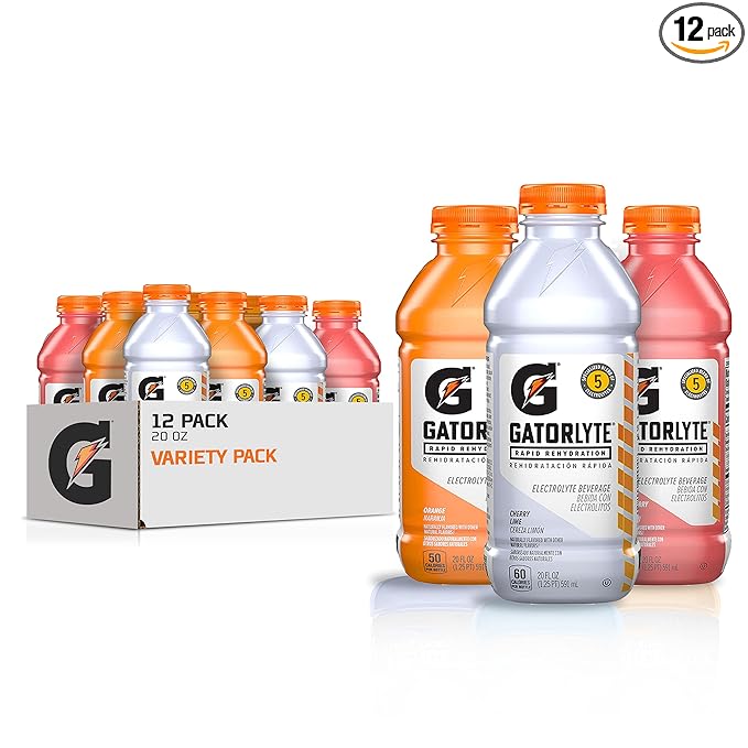 Gatorlyte Rapid Rehydration Electrolyte Drink 3 Flavor Variety Pack Specialized Blend of 5 Electrolytes Lower Sugar No Artificial Sweeteners No Artificial Flavors 20 fl oz Bottles (12 Pack)