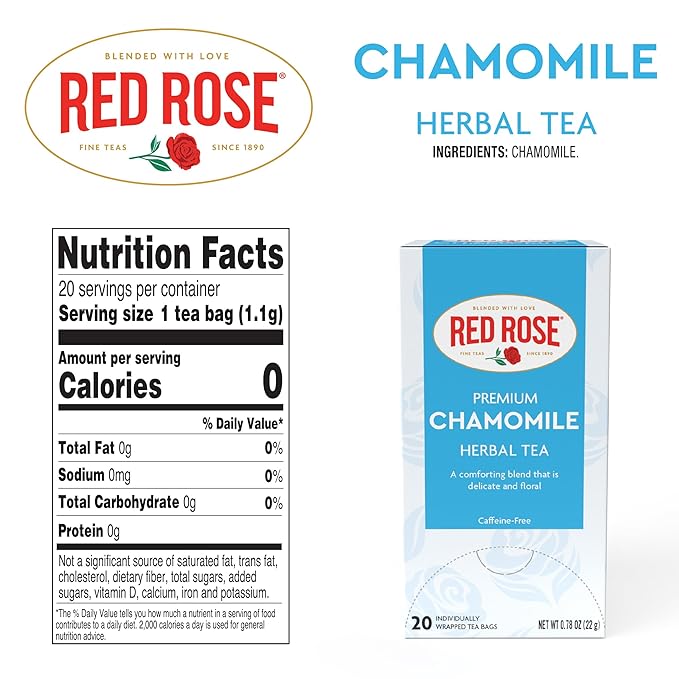 Red Rose Chamomile Tea Caffeine Free Herbal Tea Perfect Companion for Relaxation Chamomile Tea with 20 Individually Wrapped Tea Bags Per Box (Pack of 6)