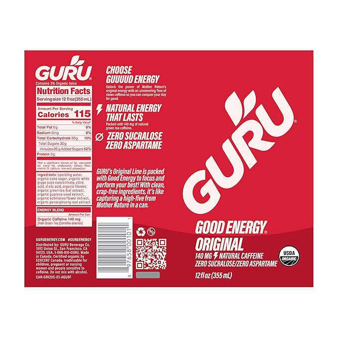GURU Original Organic Energy Drinks Clean Energy Drink with Plant Based Natural Caffeine from Green Tea Gluten Free and Vegan 140MG Caffeine Healthy Drinks 12oz (Pack of 24)