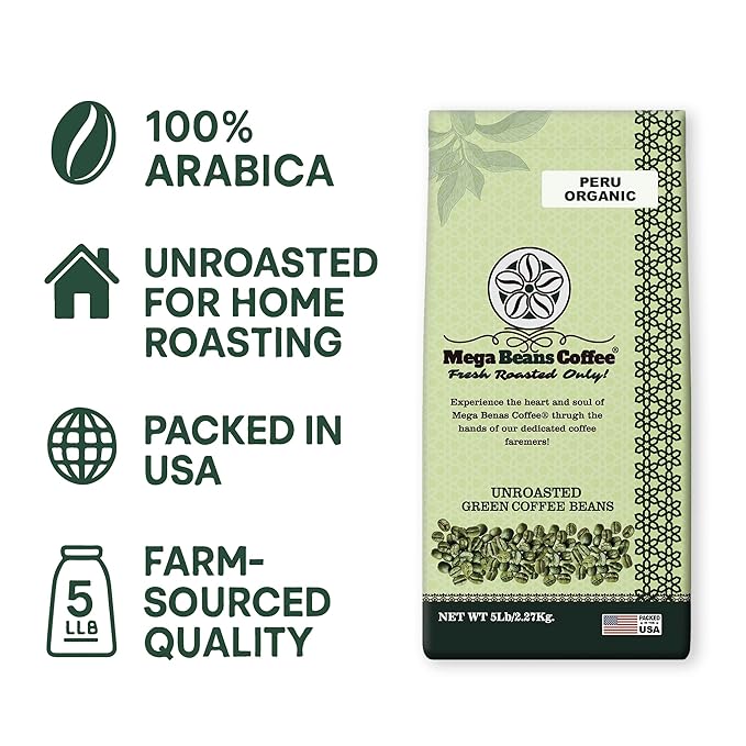 Unroasted Green Coffee Beans Mega Beans Coffee Specialty Grade Green Coffee Beans. (5 LB Peru Organic 5 Lb)