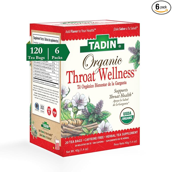 Tadin Organic Throat Wellness Tea Caffeine Free Herbal Tea for Throat Relief 20 Tea Bags Per Box Pack of 6
