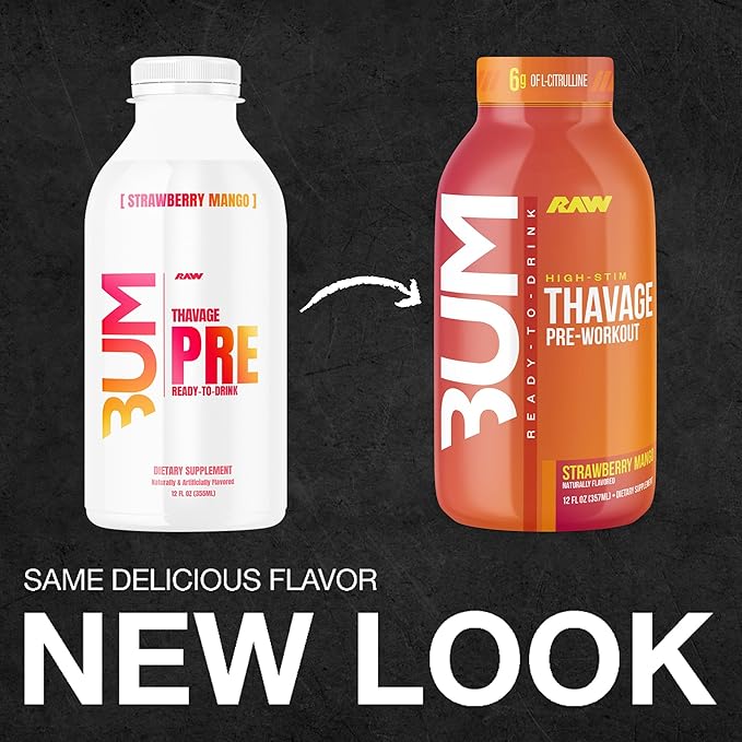 RAW Ready to Drink Pre-Workout Drink - BUM Thavage RTD Preworkout Shakes - Energy Supplement Drinks with Beta Alanine L-Citrulline &amp Caffeine - Zero Sugar (12 Pack Strawberry Mango)