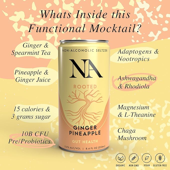 NA Non-Alcoholic Functional Adaptogen Drinks with Pre &amp Probiotic Blend | Ashwagandha Mushrooms Magnesium &amp L-Theanine | Low Sugar Low Calorie Social Tonic Ginger Pineapple 8.4oz Cans (12