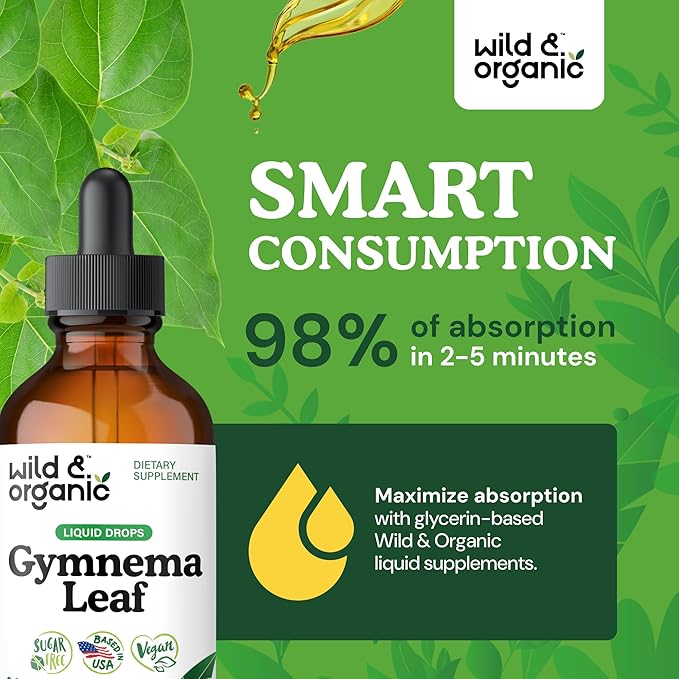 Wild &amp Organic Gymnema Sylvestre Extract Drops - Sugar-Free Gymnema Sylvestre Supplements - Gurmar Powder Based Tincture - Vegan Alcohol-Free Leaf Liquid Drops - 4 fl oz