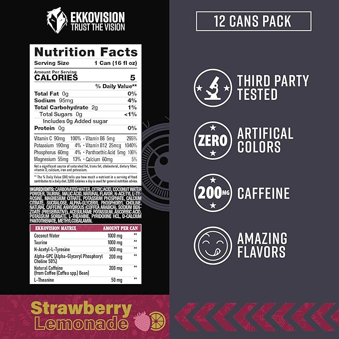 Ekkovision Energy Drink Strawberry Lemonade 200 MG Natural Caffeine With Coconut Water L Theanine Alpha Gpc &amp L Tyrosine For Balanced Energy Electrolytes &amp Smooth Hydration 16 Fl Oz Can