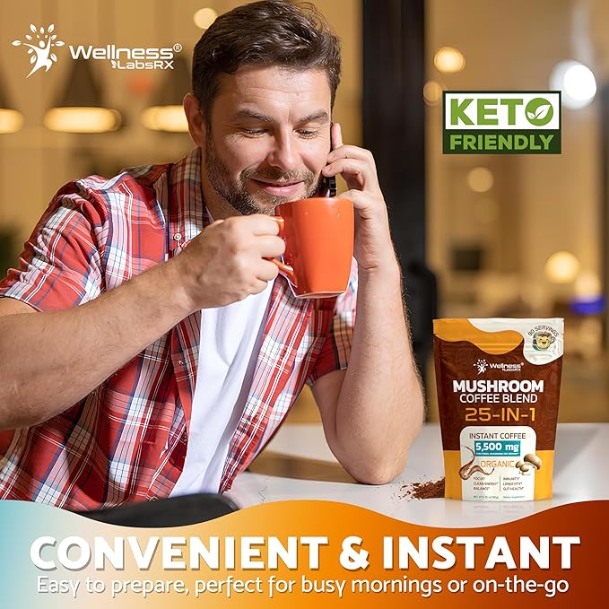 Mushroom Coffee Organic Instant Coffee 25-in-1 Third-Party Tested Keto Friendly Lions Mane Supplement with Functional Mushrooms – Shiitake Reishi Lion’s Mane &amp More | Smooth Rich Flavor - 90