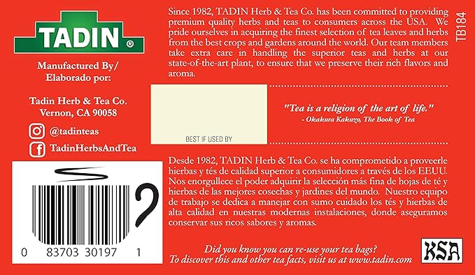 Tadin Turmeric Tea Blend Herbal Tea Caffeine Free Tea Decaf Tea Tea Packets for Hot Tea 24 Tea Bags Per Box Pack of 6