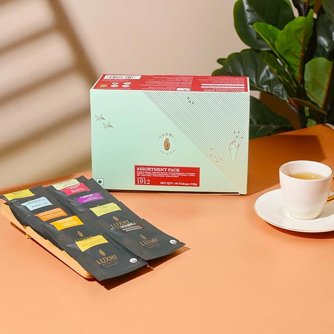 Luxmi Estates - Assortment Pack (60 tea bags *2g each)| 120g pack | Valerian Dream Midnight Bloom Turmeric Timeout Astounding Ashwagandha Purely Peppermint Citrus Sky Minty Mile African Rose I